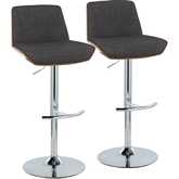 Corazza Adjustable Swivel Bar Stool in Chrome, Walnut Wood & Charcoal Fabric (Set of 2)